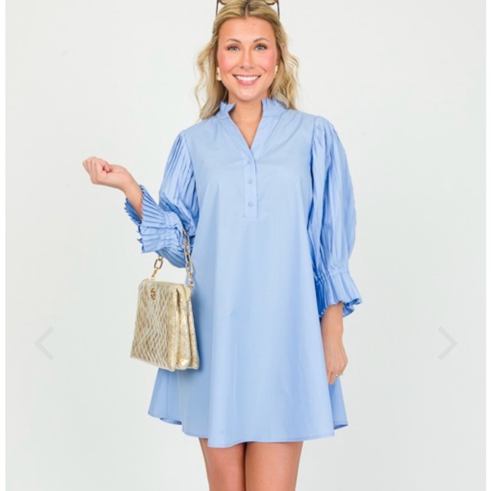 PERFECT Sky Blue Pleated Shirt Dress THML gathered-back buttons A-line